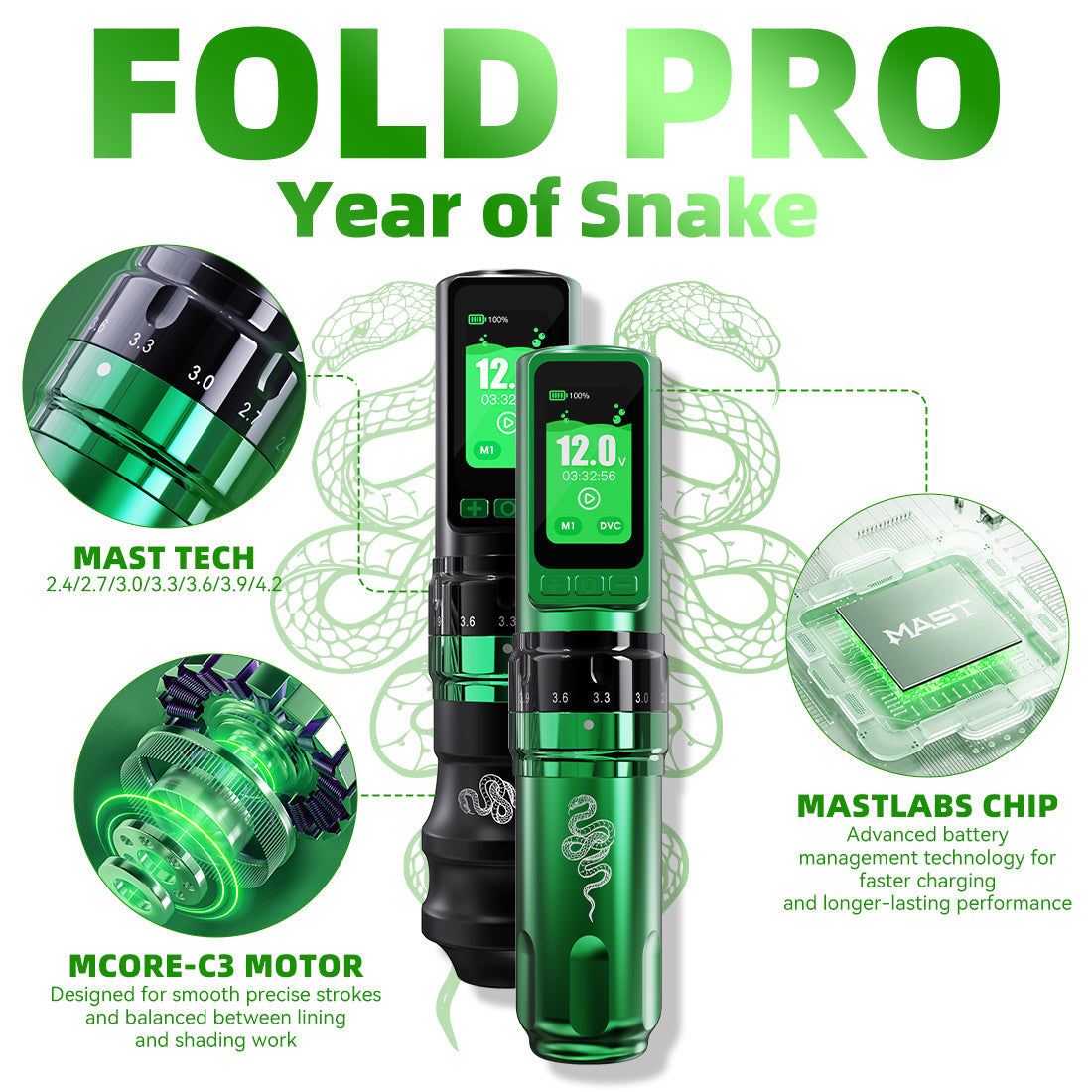 Dragonhawk Fold Pro Year of Snake Edition Wireless Tattoo Machine Pen 3000mAh Battery - Dragonhawktattoos