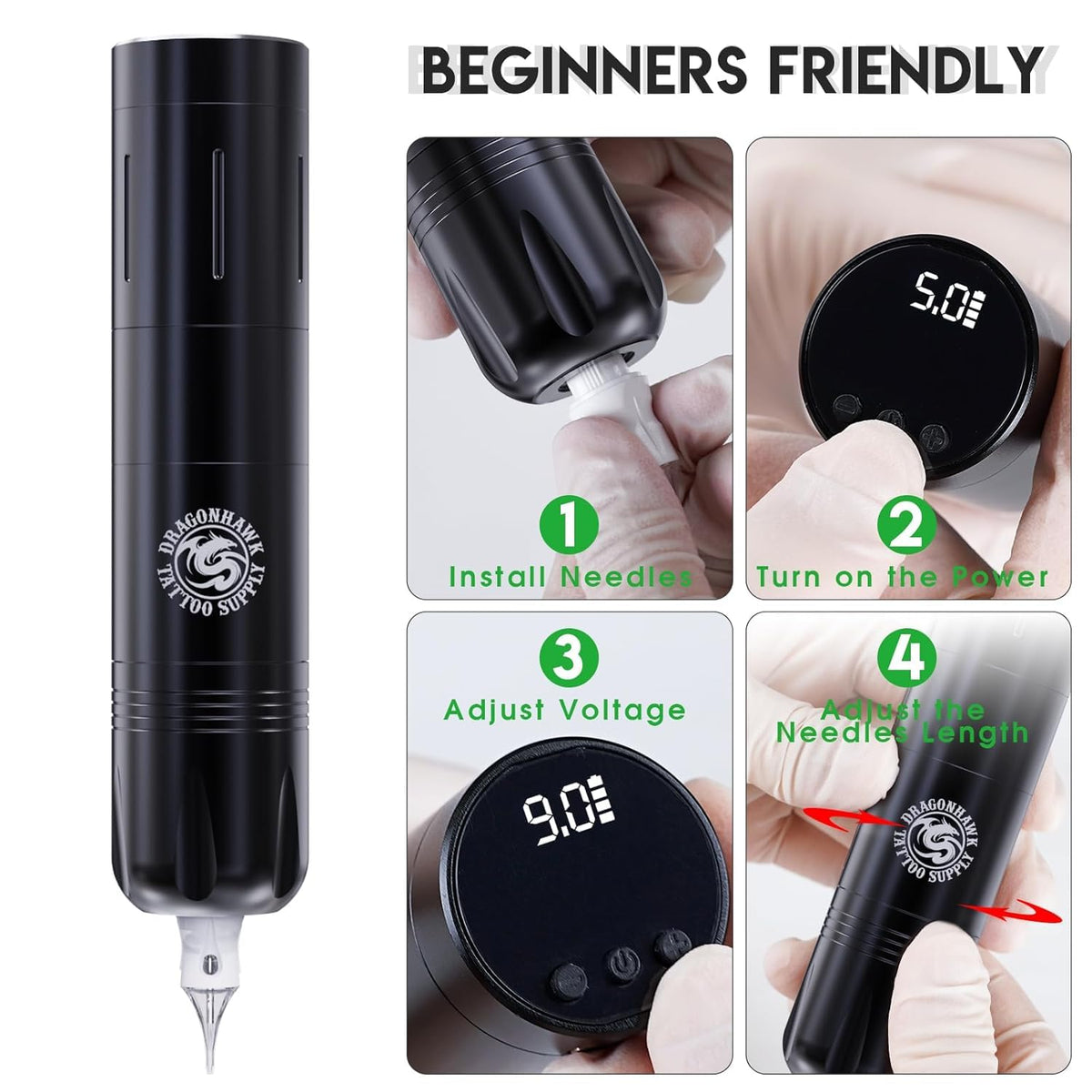 Dragonhawk Beginner Wireless Complete Tattoo Kit 2 Batteries - Dragonhawktattoos
