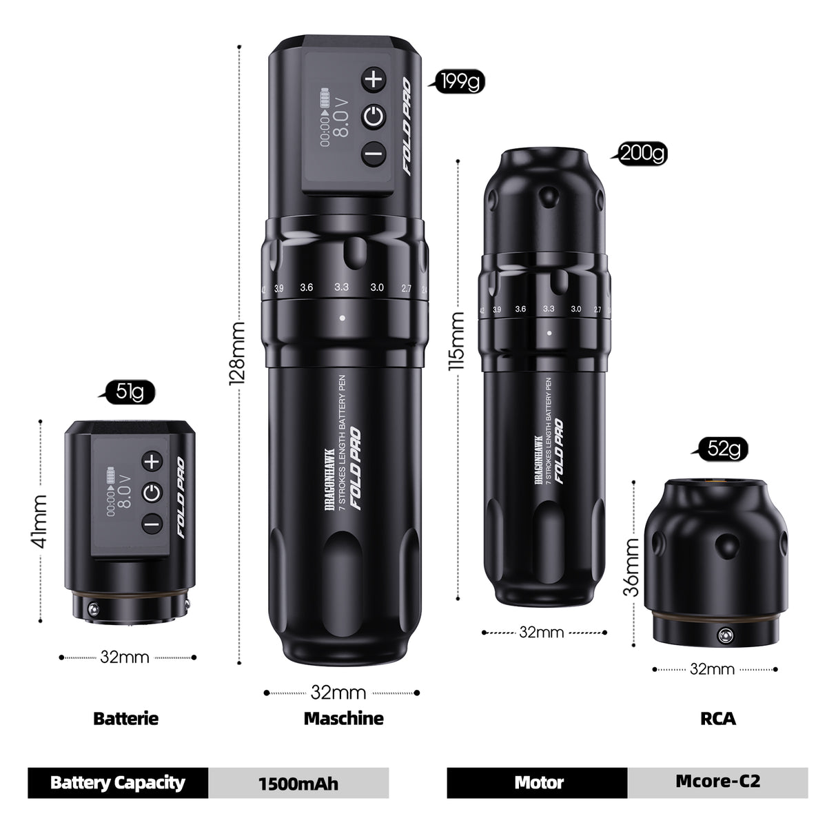 Dragonhawk Wireless Tattoo Pen Machine with 7 Stroke Length | Fold Pro (2 Batteries Ver) - Dragonhawktattoos