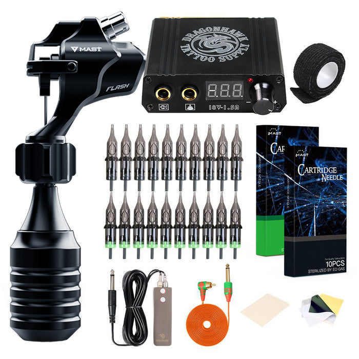 Mast Flash Rotary Machine Kit 20Pcs Cartridges Needles Power Supply - Dragonhawktattoos