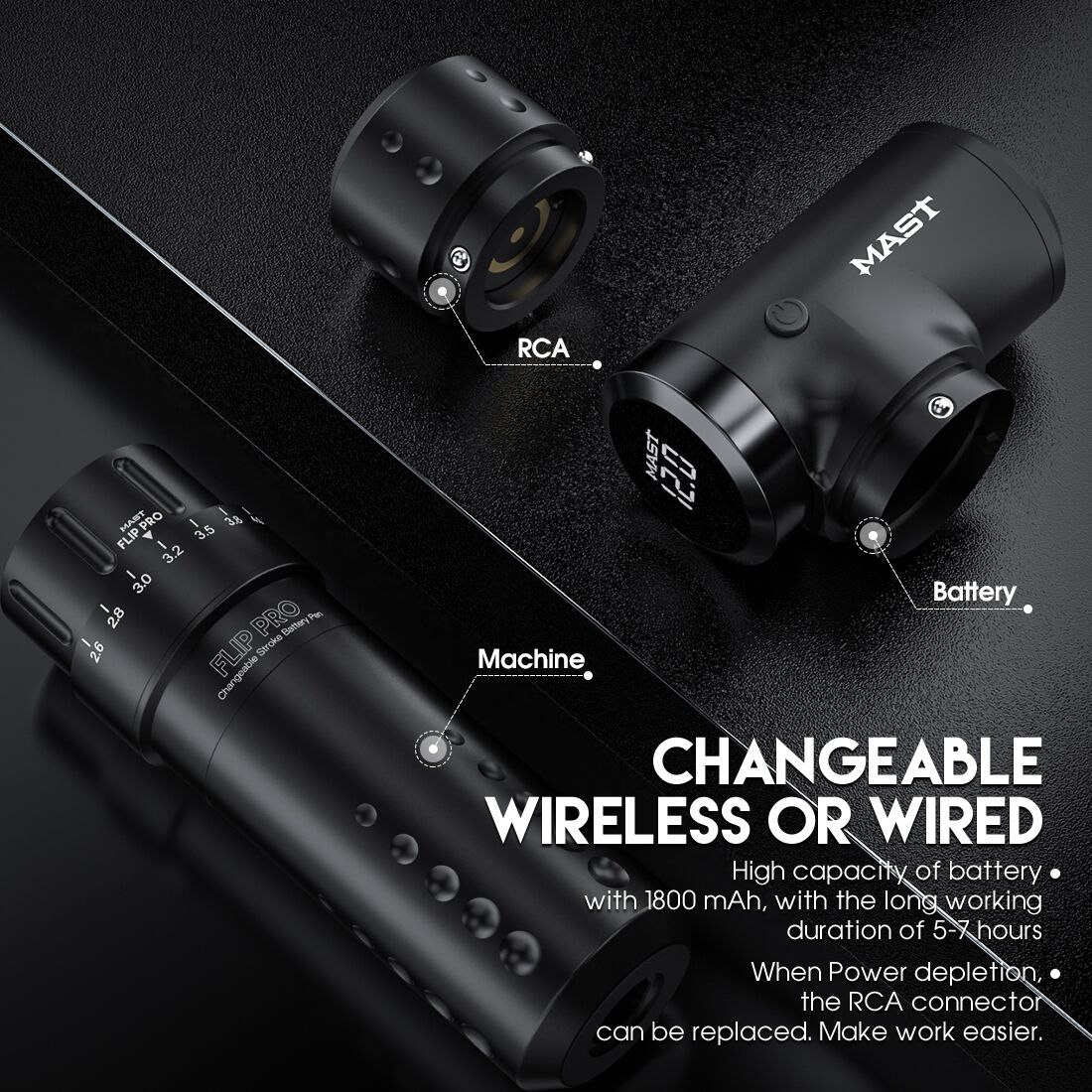 Wireless Tattoo Pen Machine with 2.6-4.0mm Strokes Changeable | Mast Flip Pro - Dragonhawktattoos