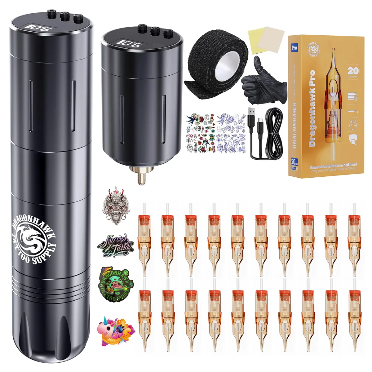 Dragonhawk Beginner Wireless Complete Tattoo Kit 2 Batteries - Dragonhawktattoos