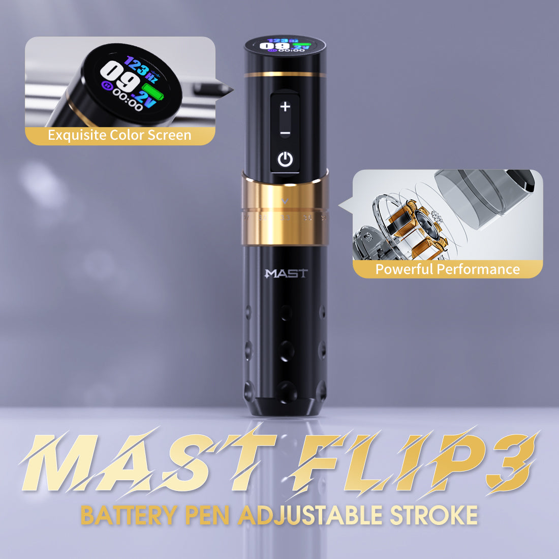 Mast Flip3 ワイヤレス タトゥー ペン マシン、バッテリー 2 個付き