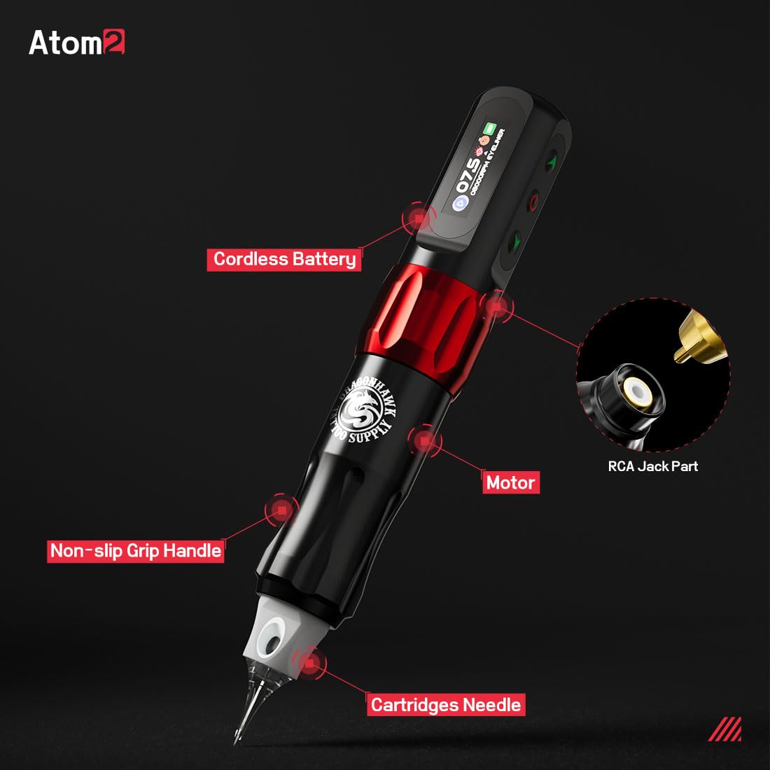 Dragonhawk Atom2 Wireless Tattoo Machine Pen 2.8mm Stroke RCA Jack Par