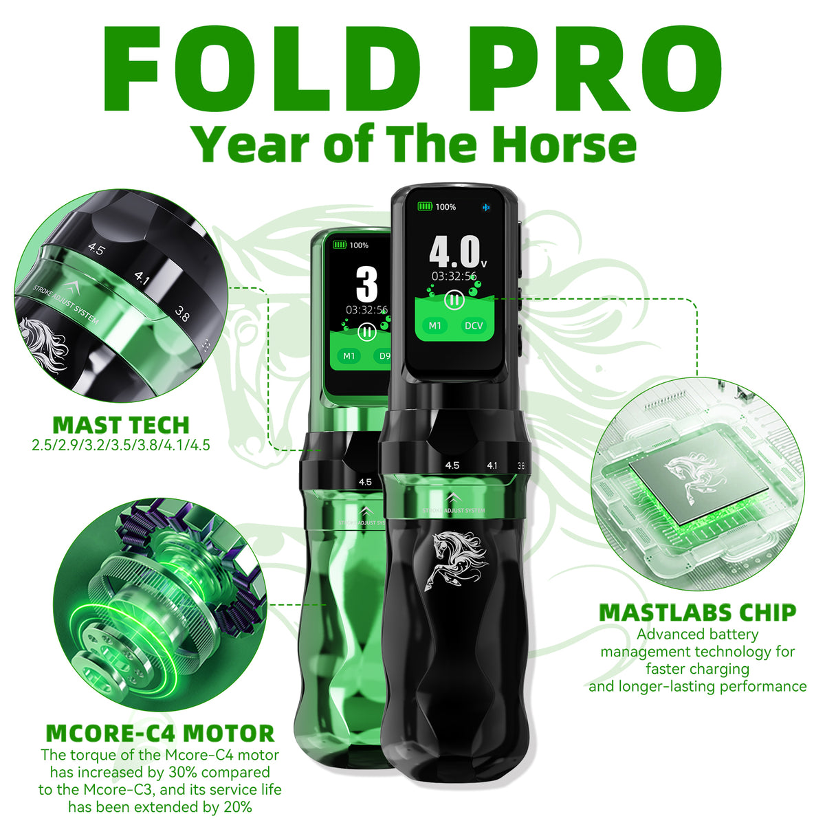 Mast Fold Pro Year of the Horse Edition Wireless Tattoo Pen Machine  2.5-4.5mm 7 Adjustable Strokes