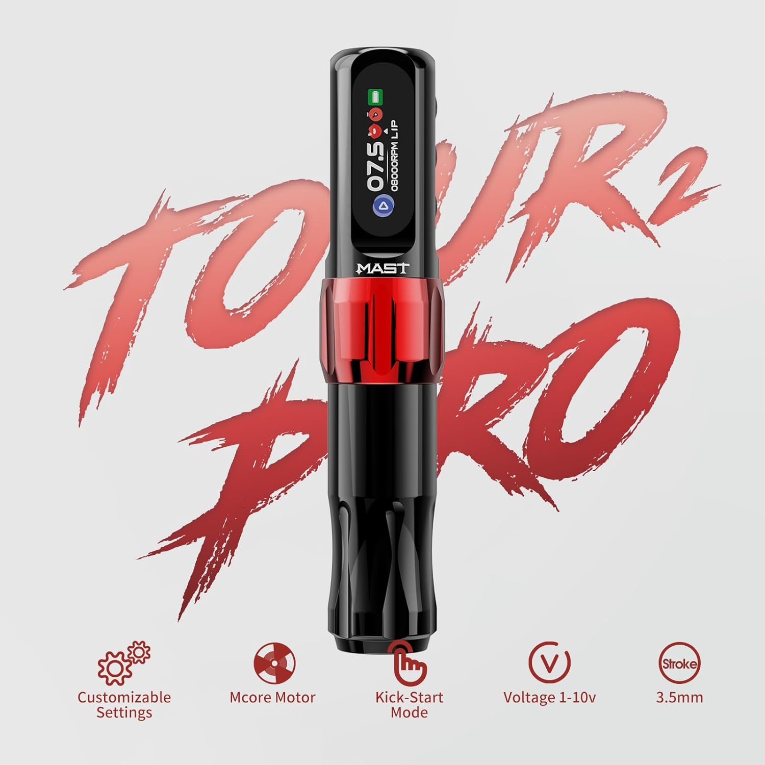 タトゥーマシン レッド・ブラック Mast Tattoo Tour2 Pro ワイヤレス タトゥーマシンペン 3.5mm débattement