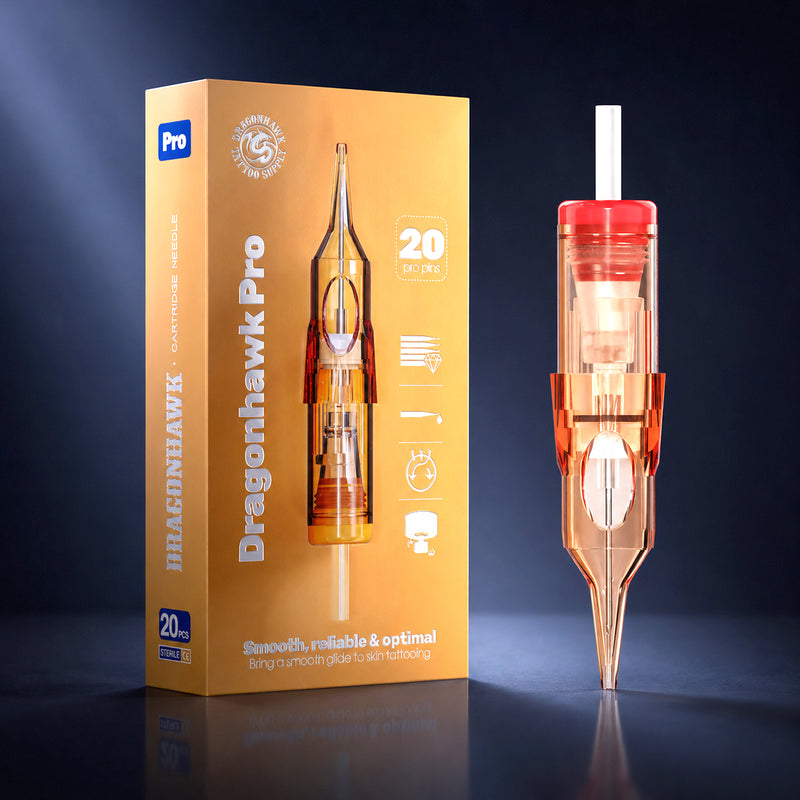 A DragonHawk Pro 20G 1ml vape pen shown next to its orange retail box on a dark reflective studio background. The pen is transparent with a red top, orange internal accents, and a white mouthpiece.