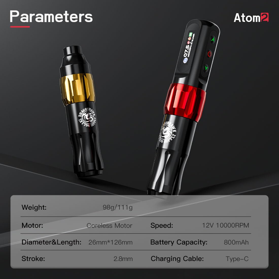 Dragonhawk Atom2 Wireless Tattoo Machine Pen 2.8mm Stroke RCA Jack Par