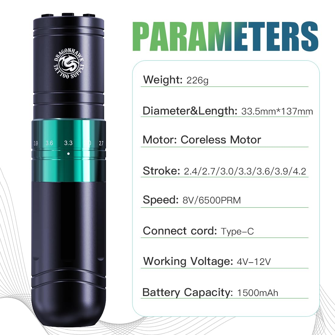 Dragonhawk A2 Kit da tatuaggio wireless con 2 batterie