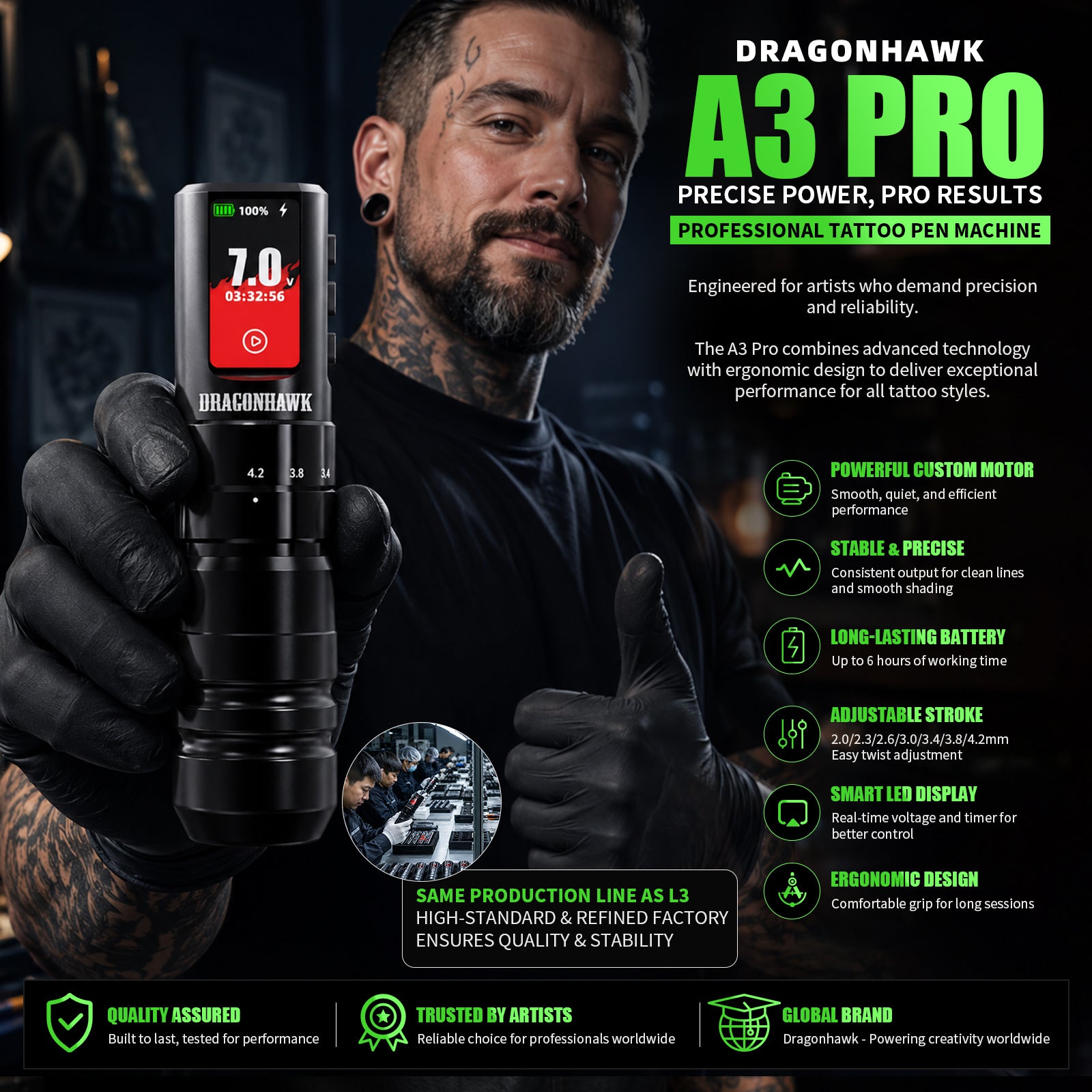 Kit mașină de tatuaj fără fir Dragonhawk A3 Pro
