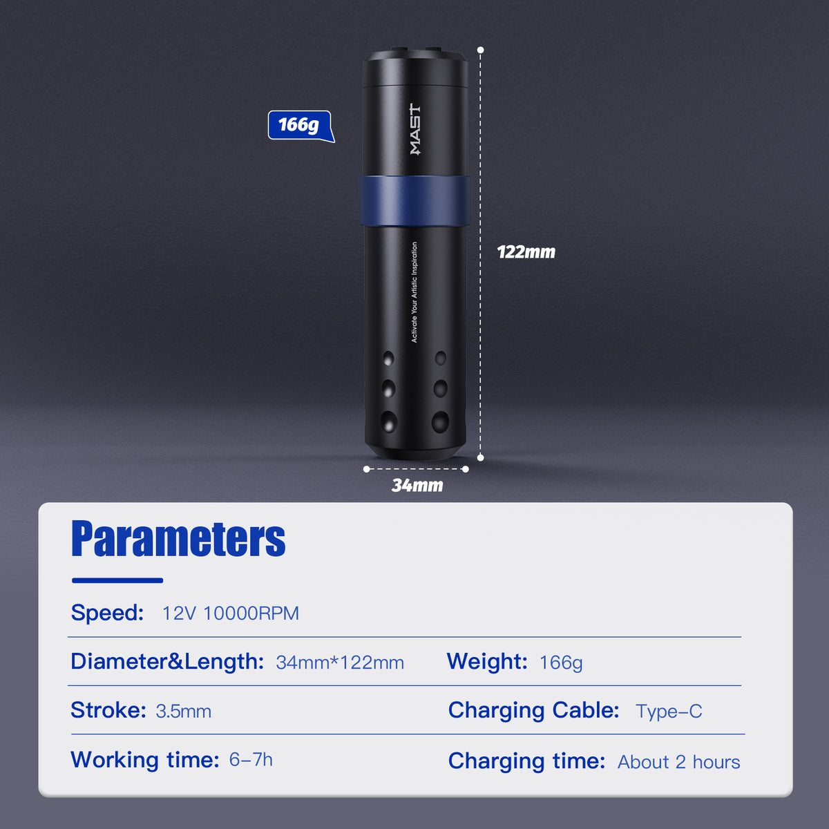 Mast A3 Kablosuz Dövme Kalemi 1500mAh Pil 3.5mm Strok