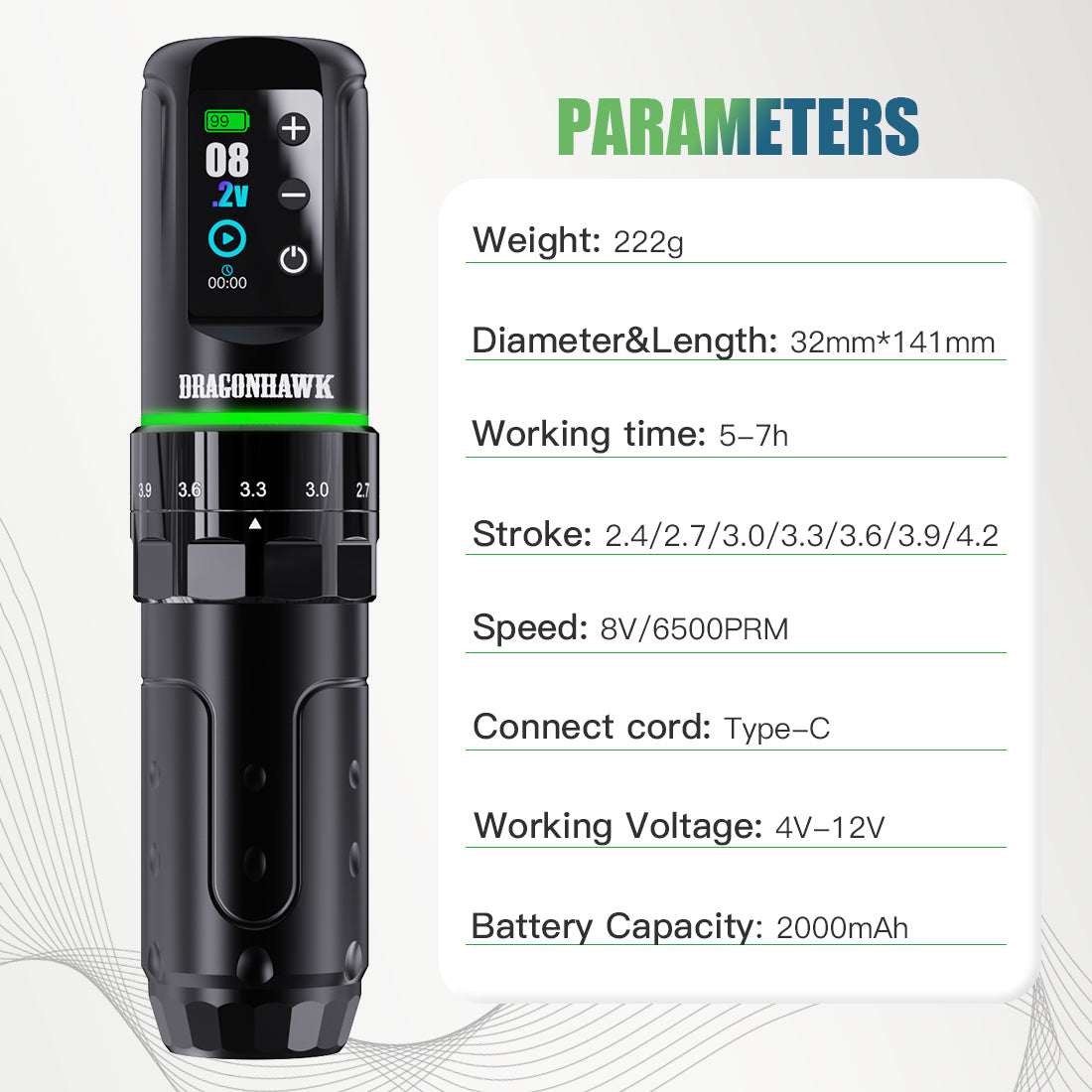 Dragonhawk L3 Wireless Tattoo Gun 7 Strokes Length Rotary