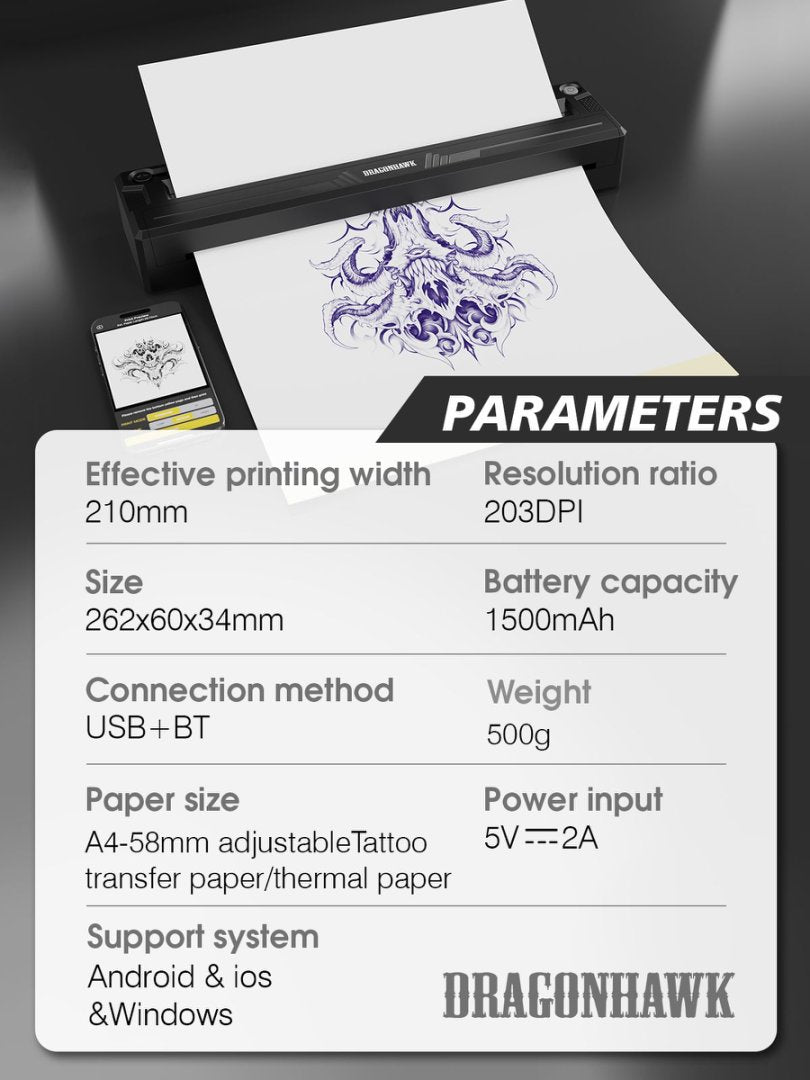 Dragonhawk A4 Wireless Thermal Tattoo Stencil Printer Machine Portable Tattoo Printer