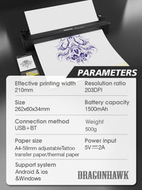 Dragonhawk A4 Wireless Thermal Tattoo Stencil Printer Machine Portable Tattoo Printer