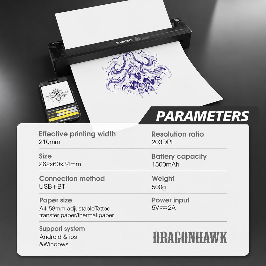 Dragonhawk A4 Wireless Thermal Tattoo Stencil Printer Machine Portable Tattoo Printer - Dragonhawktattoos