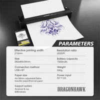 Dragonhawk A4 Wireless Thermal Tattoo Stencil Printer Machine Portable Tattoo Printer - Dragonhawktattoos