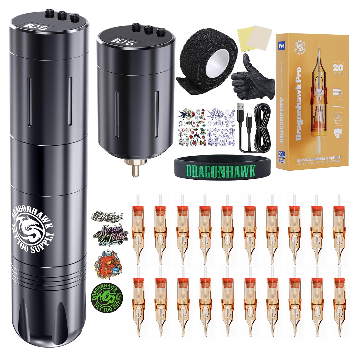 Dragonhawk Beginner Wireless Complete Tattoo Kit 2 Batteries