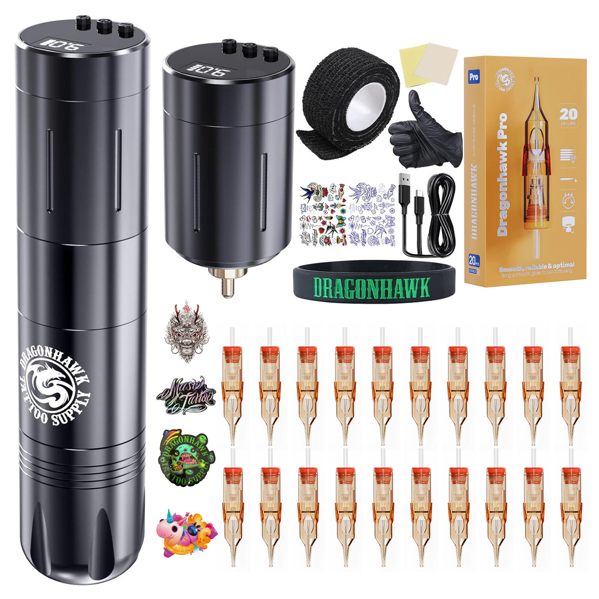 Dragonhawk Beginner Wireless Complete Tattoo Kit 2 Batteries - Dragonhawktattoos