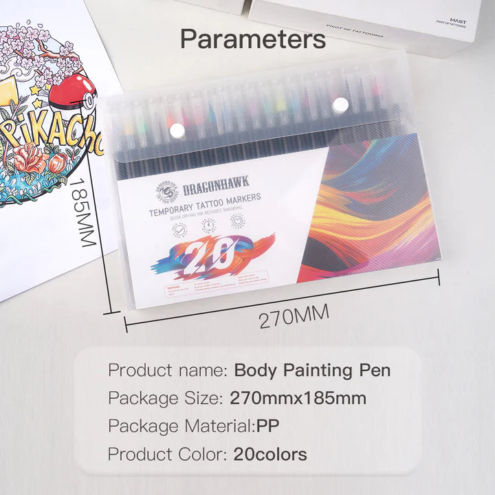 Dragonhawk Temporary Tattoo Markers Kit 20-Count Pack